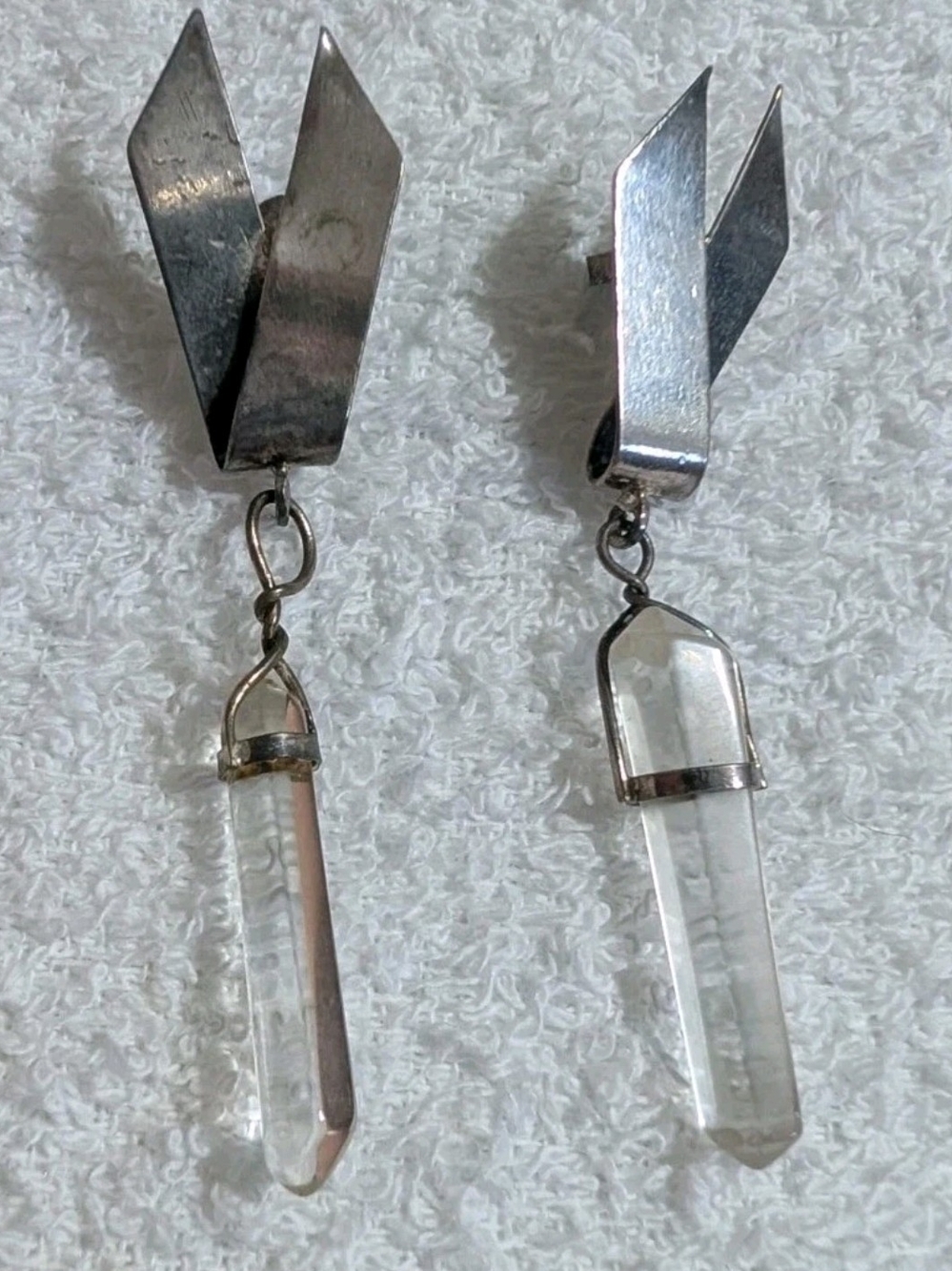 Sterling-Style Clear Crystal Point Drop Earrings with Geometric Silver Tops